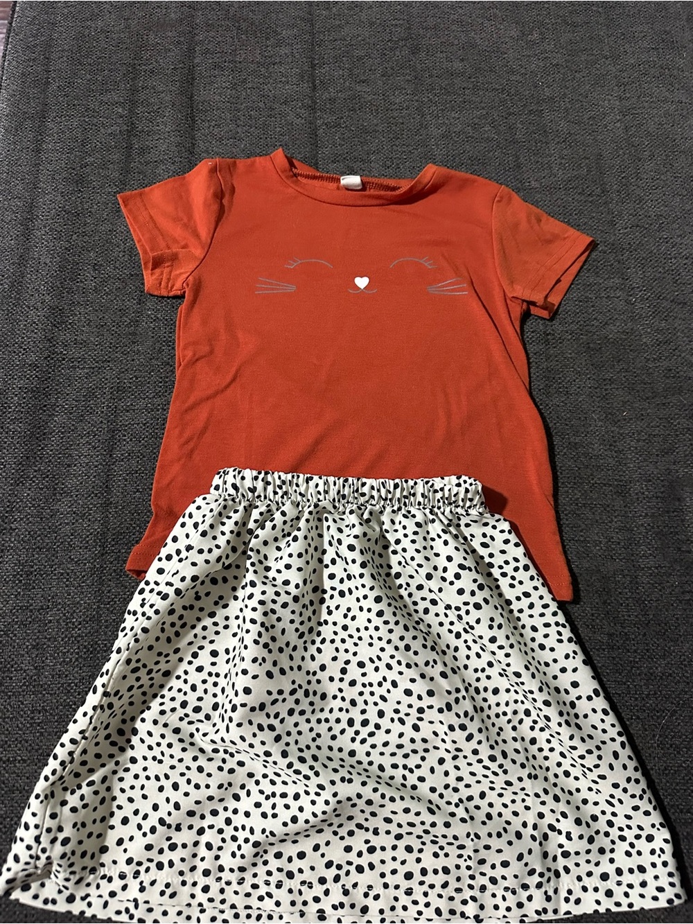 SHEIN Orange Tee and White Black Polka Dot Skirt Kids Matching Set
